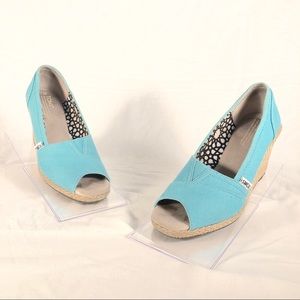 Toms Canvas Peep Toe Wedge Shoes Turquoise Size 7